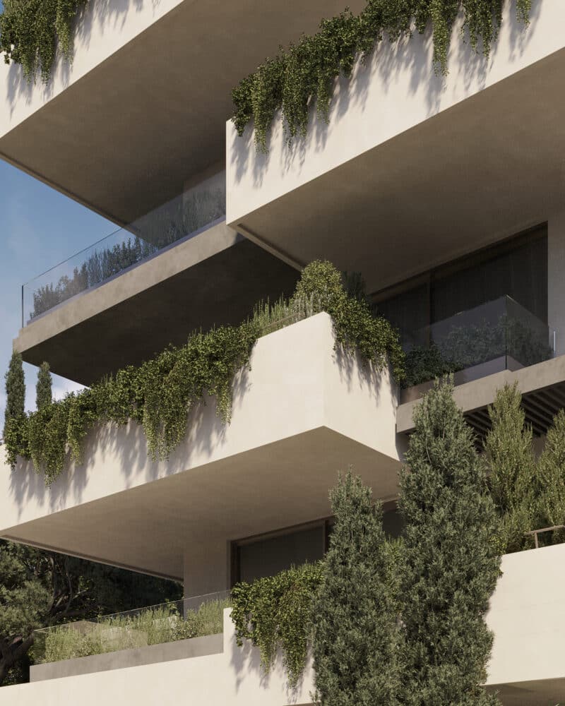 cubic volumes balconies in the facade of a residential building