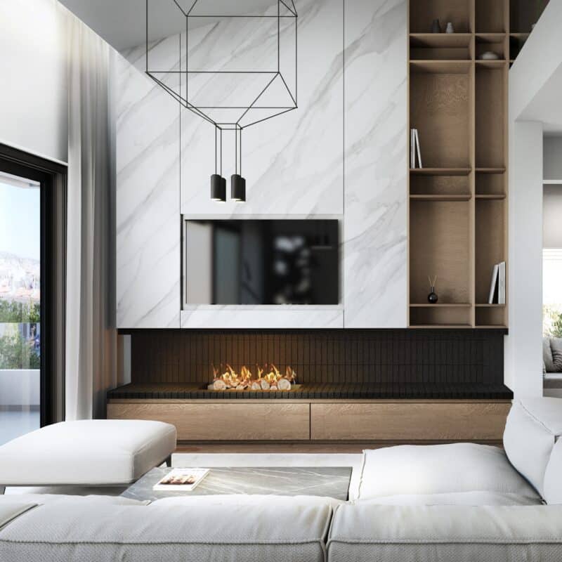 modern residence interior design fireplace with bookcase