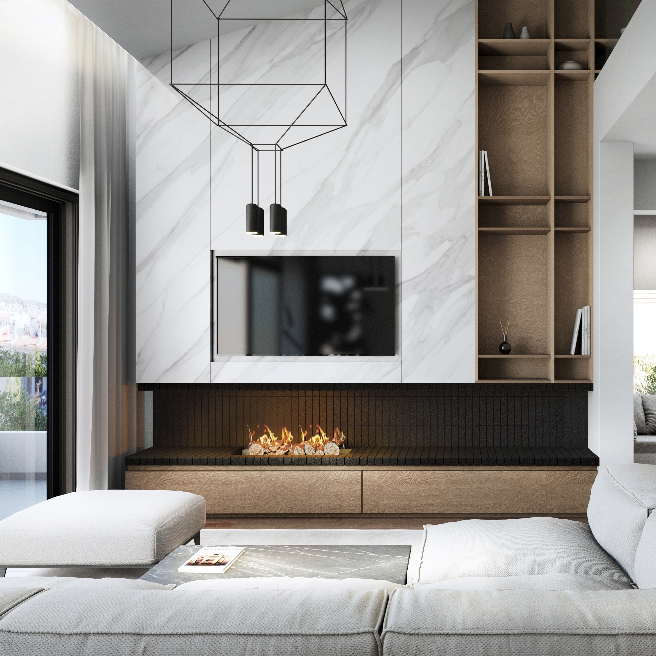 interior design fireplace bookcase marble wood
