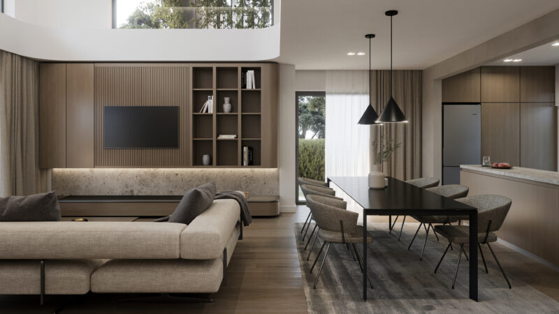 open plan layout kitchen living room gerakas luxurious materials