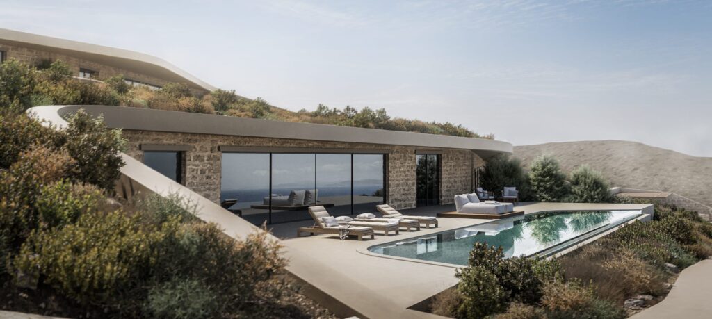 facade caved houses kea swimming pool with view