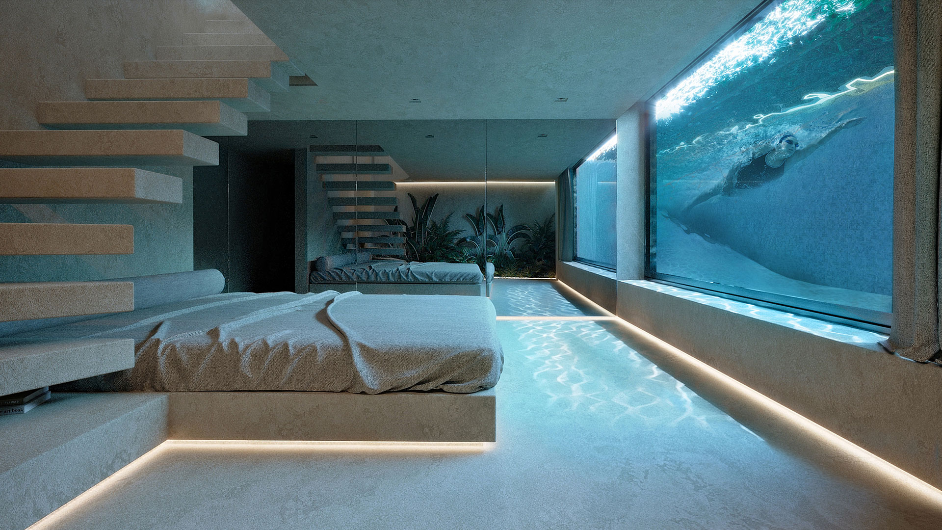 interior of a room, staircase, and pool