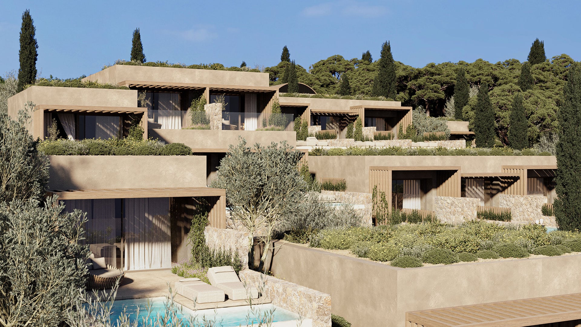 Hotel's facade and pool details