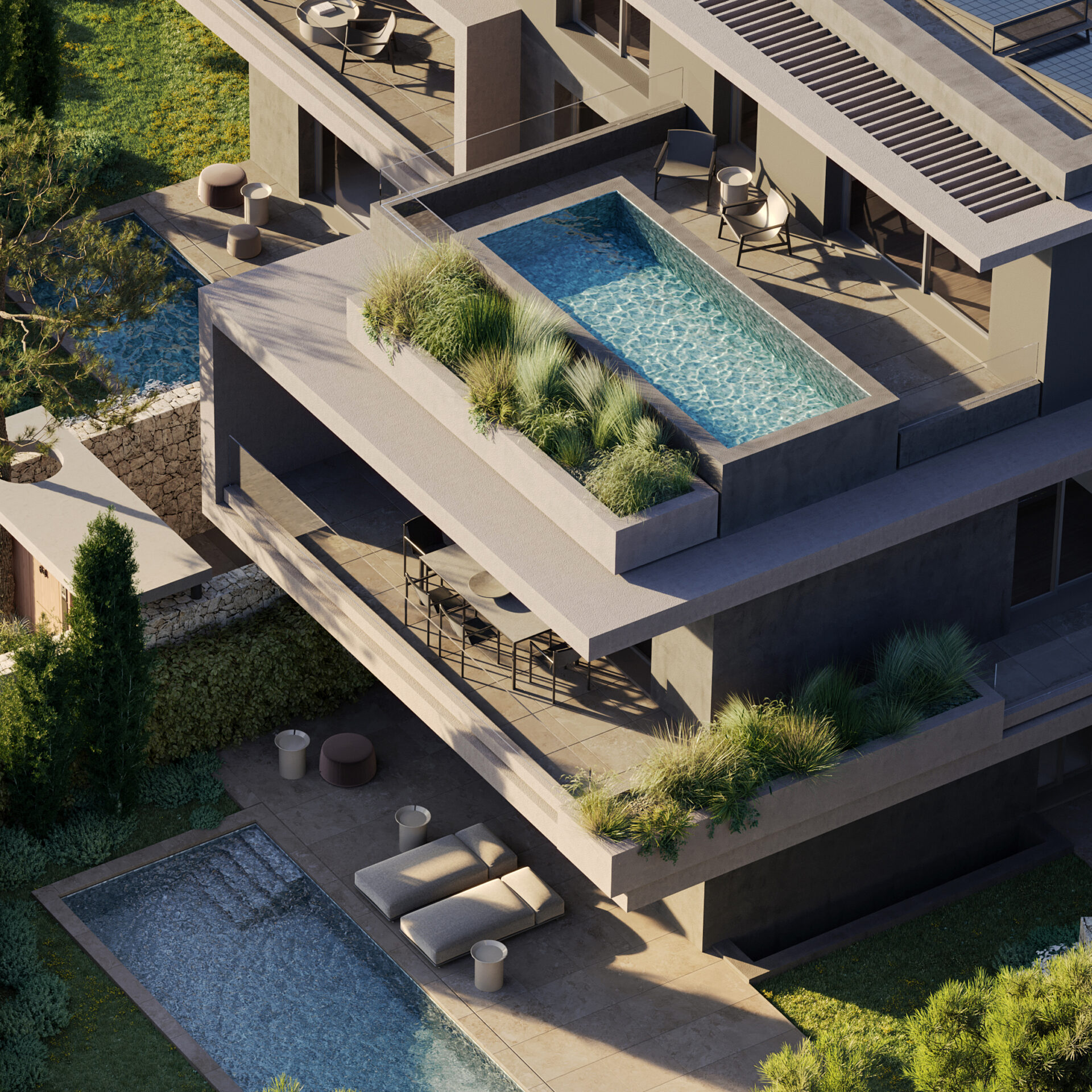 Aerial perspective of a contemporary residential complex with terraces and private pools in Kifisia, Athens, Greece.