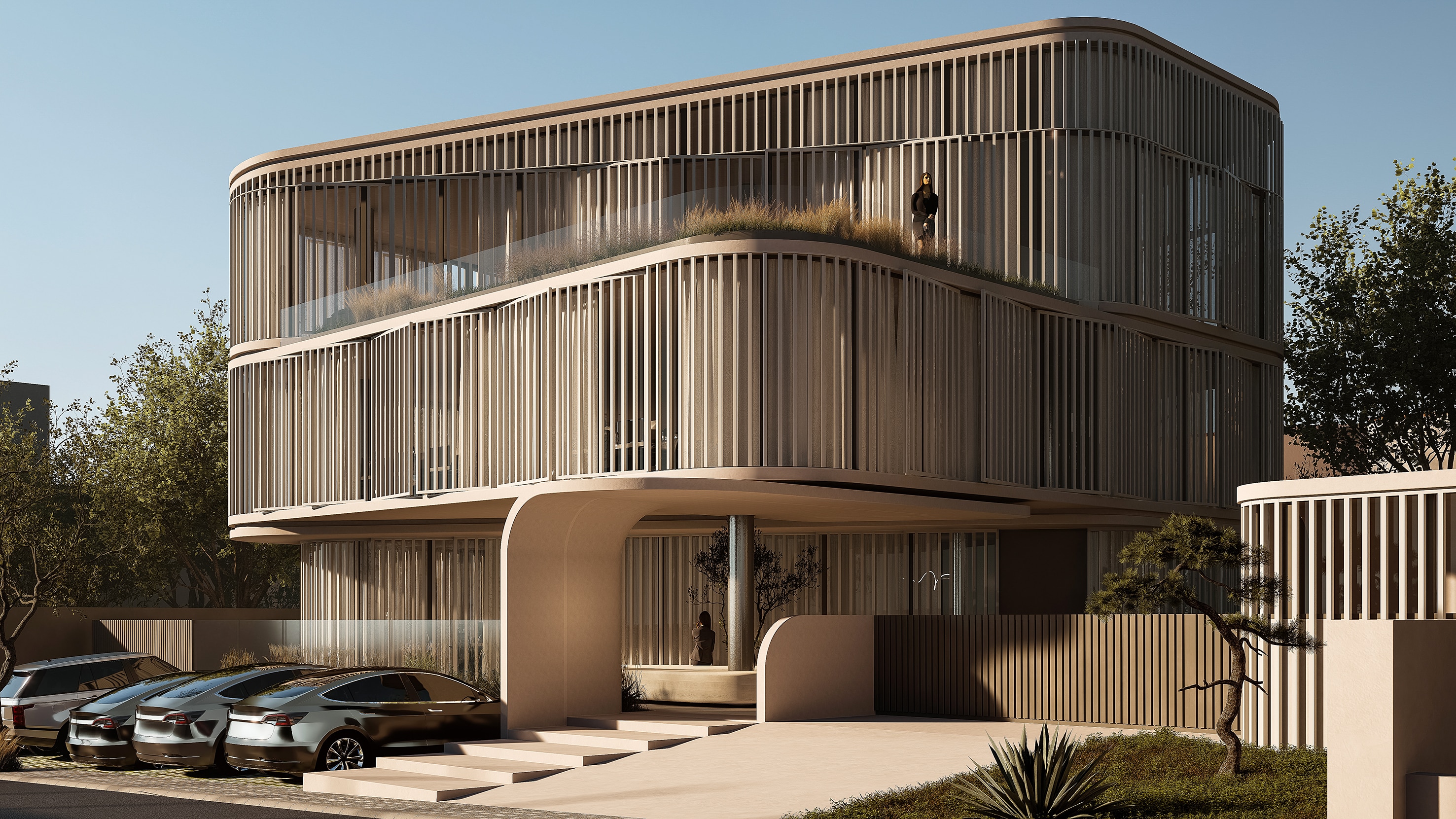 Modern office building in Chalandri with vertical louvers and layered volumes