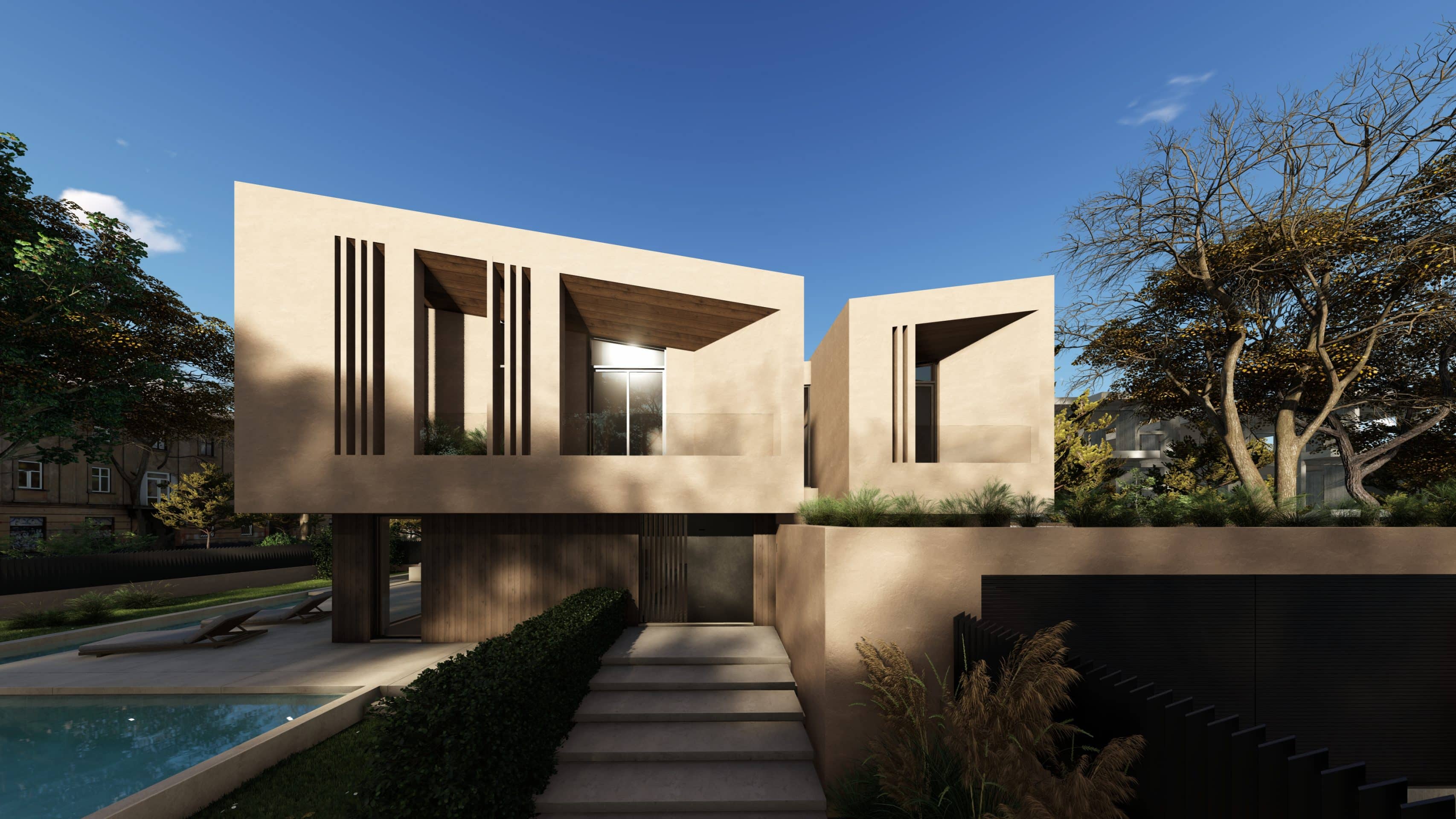 main entrance design pool garden facade wood balcony