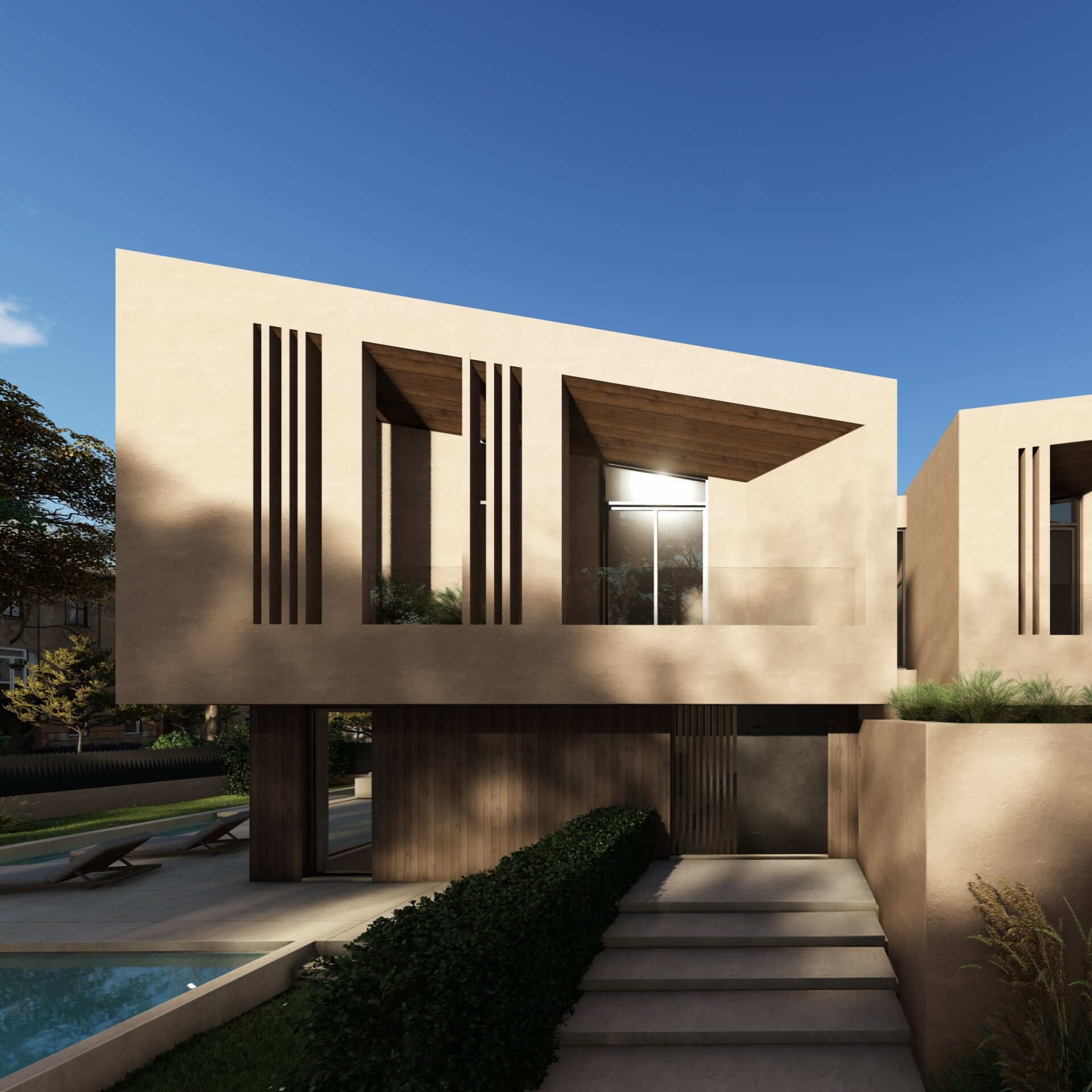 main entrance design pool garden facade wood balcony