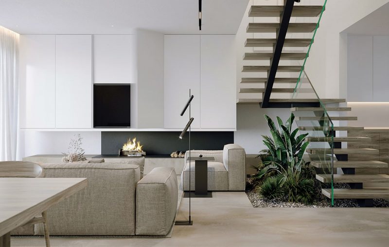 impressive staircase fireplace light contemporary